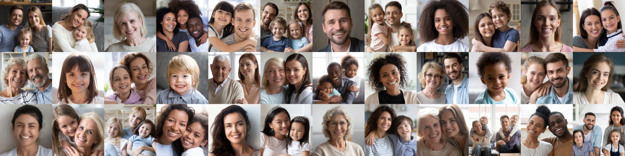 Many happy multiracial people and families faces headshots, banner collage
